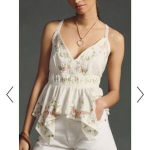 By Anthropologie Ivory Floral Embroidered V Neck Asymmetrical Tank Top Large